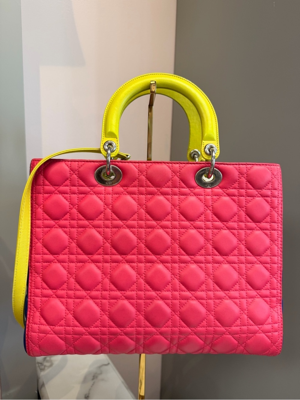 Christian Dior Large Tricolor Lambskin Cannage Lady - Pink/Cobalt/Neon - Picture 2 of 8